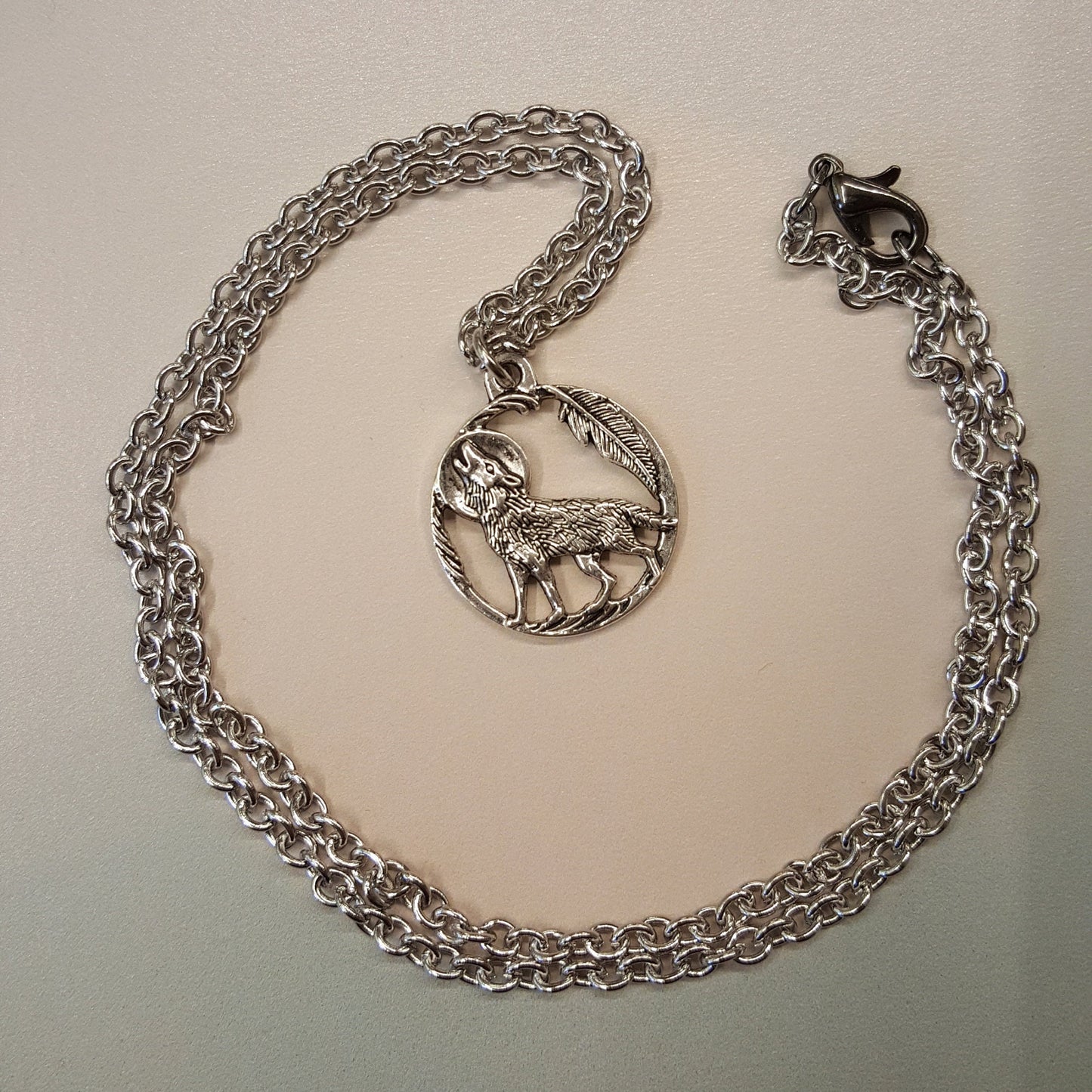 Howling Wolf Necklace - Silver Wolf Moon Pendant, Stainless Steel Chain