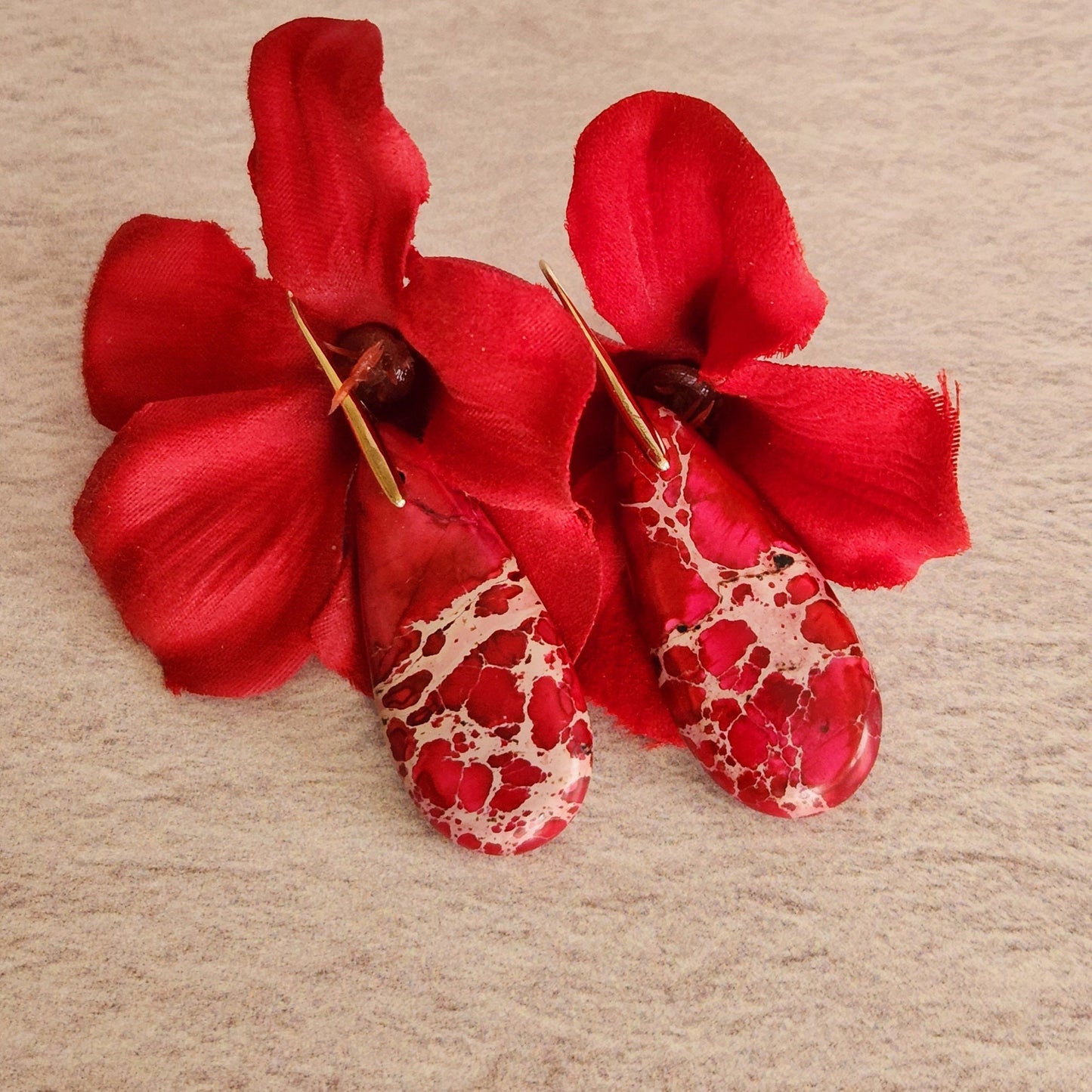 Red Teardrop Earrings - Natural Jasper Drops