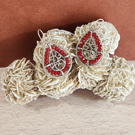 Beaded Teardrop Dangle Earrings - Silver Frame, Entwined Hearts