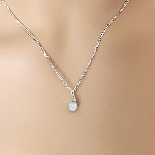 Raw Aquamarine Nugget Pendant - Sterling Silver March Birthstone Necklace