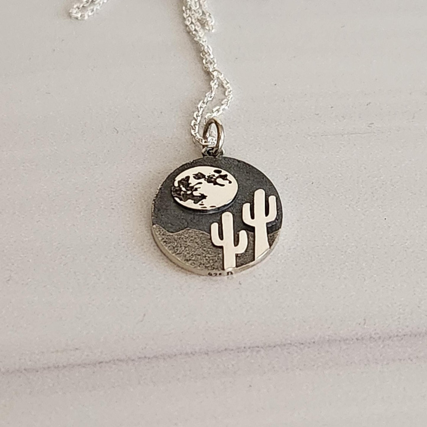 Desert Cactus Pendant Necklace - Sterling Silver Saguaro Moon