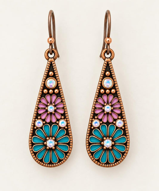 Desert Bloom Turquoise & Lavender Floral Earrings – Antiqued Copper Teardrop Dangles with Iridescent Crystals