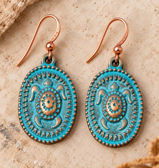Rustic Patina Copper Sea Turtle Earrings – Turquoise Blue Dangle Earrings