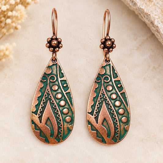 Antique Copper Teardrop Earrings | Green Southwest Inspired Dangle Earrings