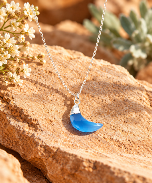 Blue Chalcedony Crescent Moon Necklace - Sterling Silver Celestial Pendant