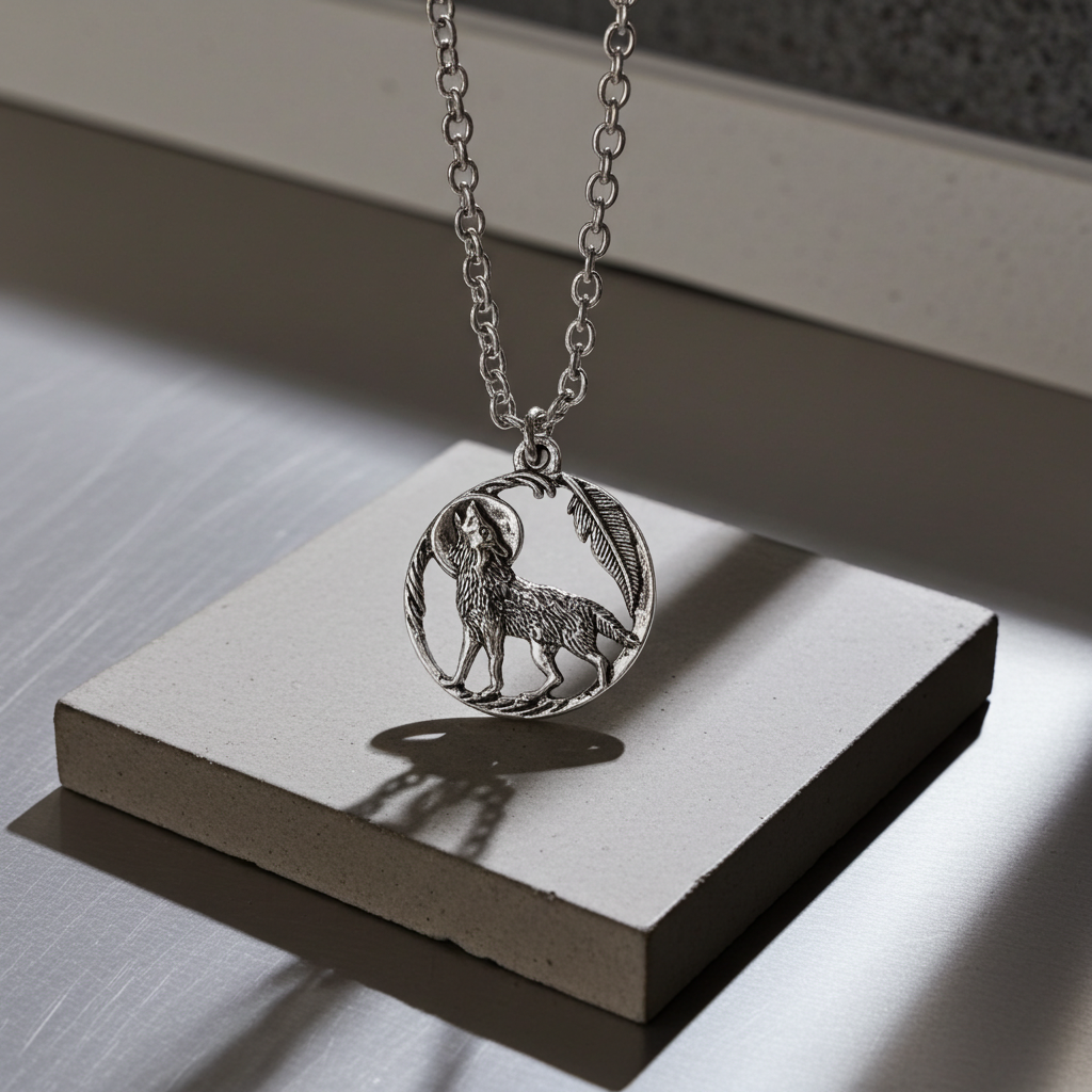 Howling Wolf Necklace - Silver Wolf Moon Pendant, Stainless Steel Chain