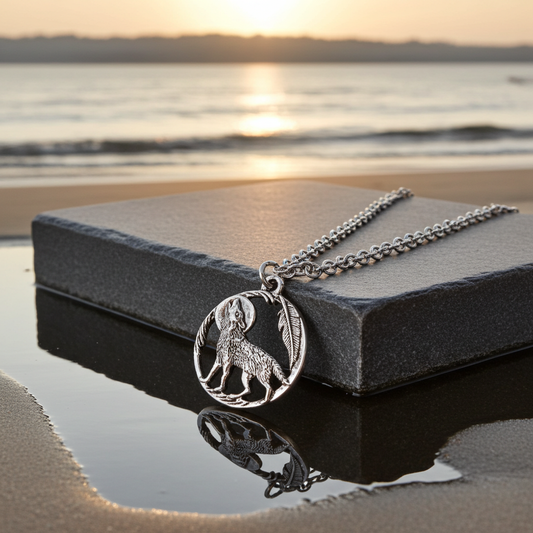 Howling Wolf Necklace - Silver Wolf Moon Pendant, Stainless Steel Chain
