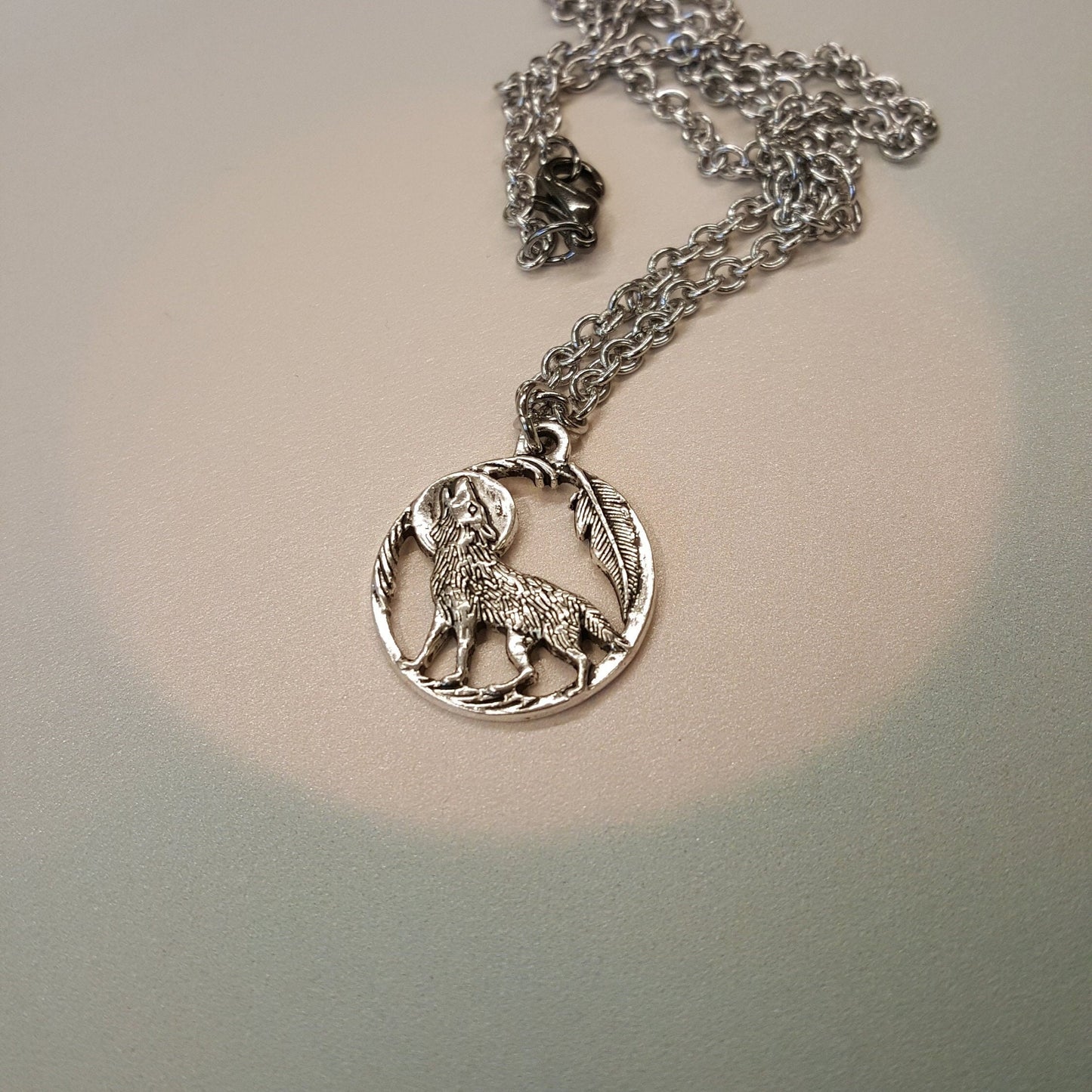 Howling Wolf Necklace - Silver Wolf Moon Pendant, Stainless Steel Chain
