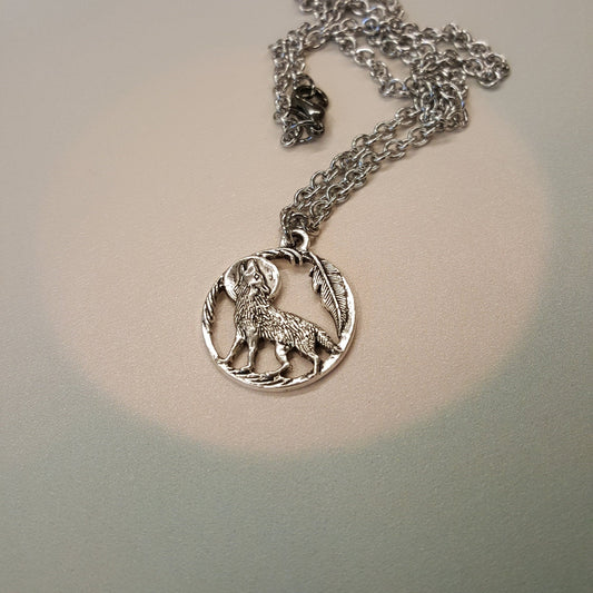 Howling Wolf Necklace - Silver Wolf Moon Pendant, Stainless Steel Chain
