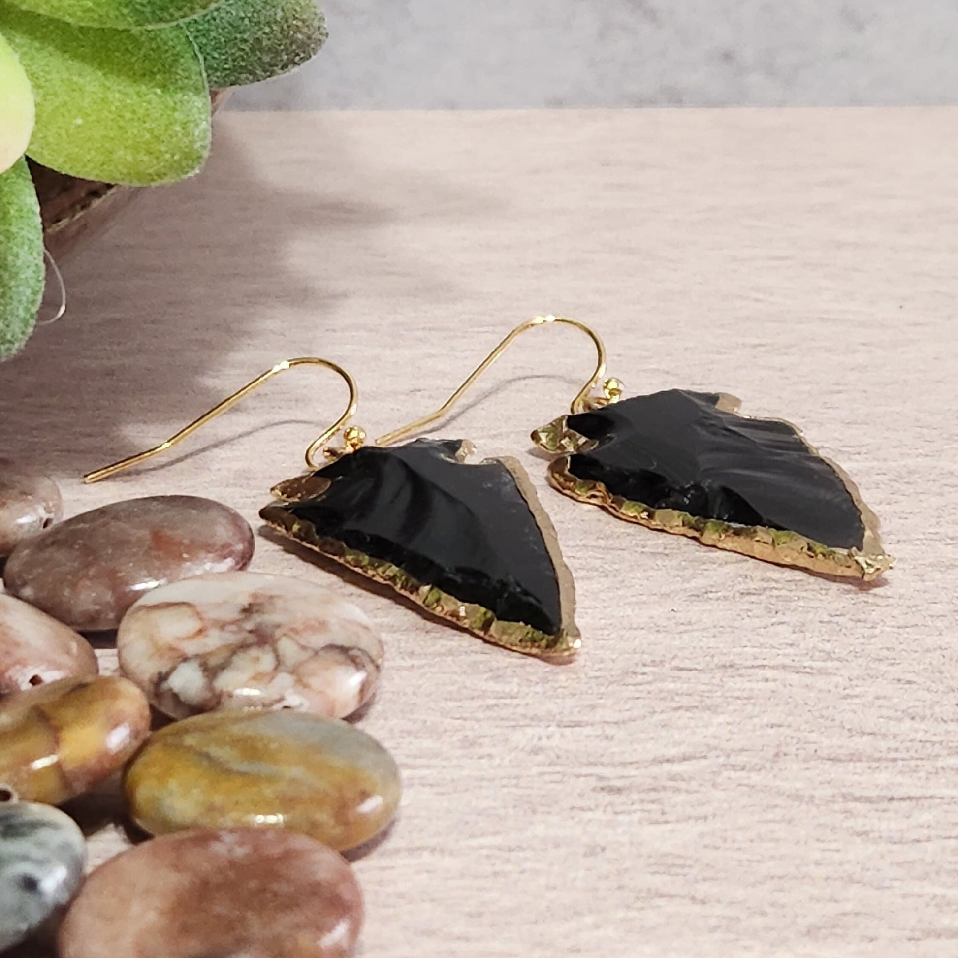 Western Earrings, Arrow Head Earrings, Gift For Her, Gold Arrow, Statement Earrings, Southwest Jewelry, Obsidian, Natural Black Gemstone