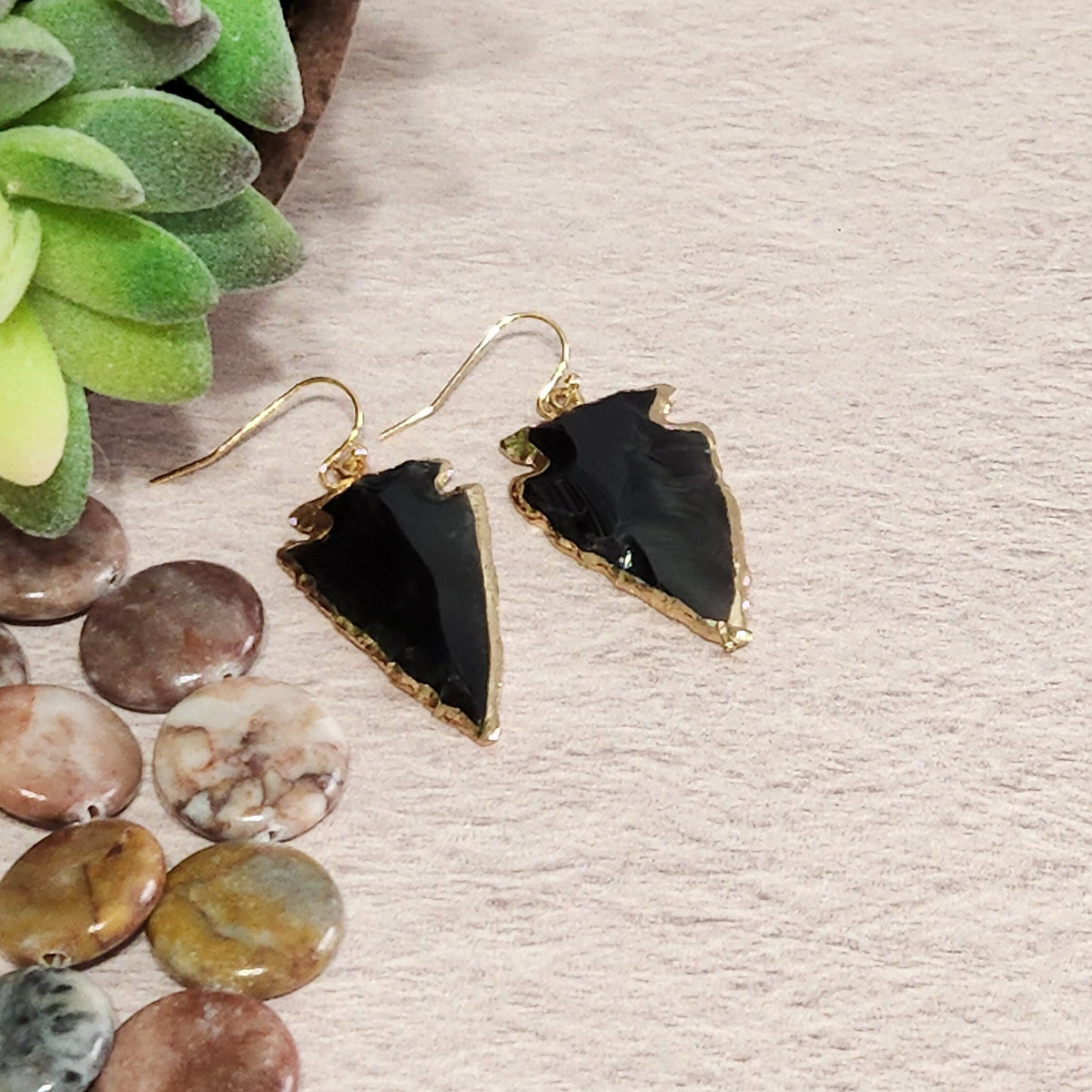 Obsidian Arrowhead Earrings - Gold Accent, Southwest Jewelry