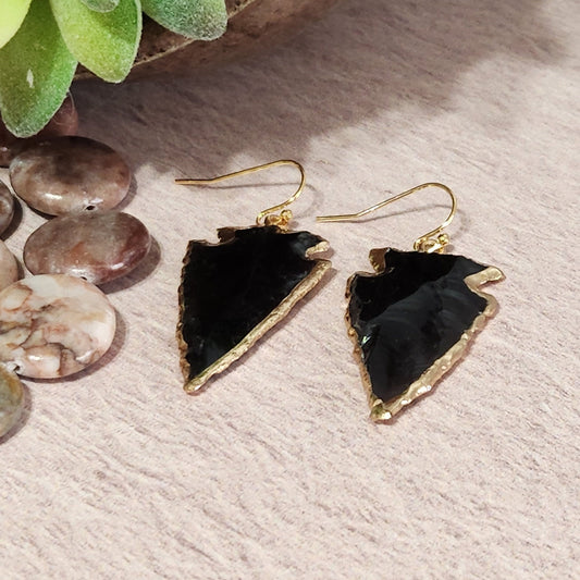 Obsidian Arrowhead Earrings - Gold Accent, Southwest Jewelry