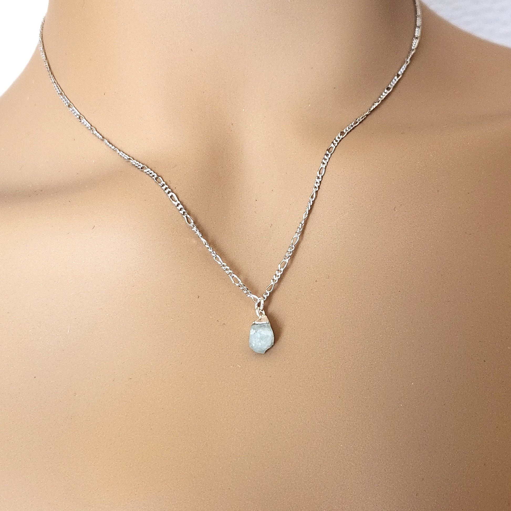Raw Aquamarine Nugget Pendant - Sterling Silver March Birthstone Necklace