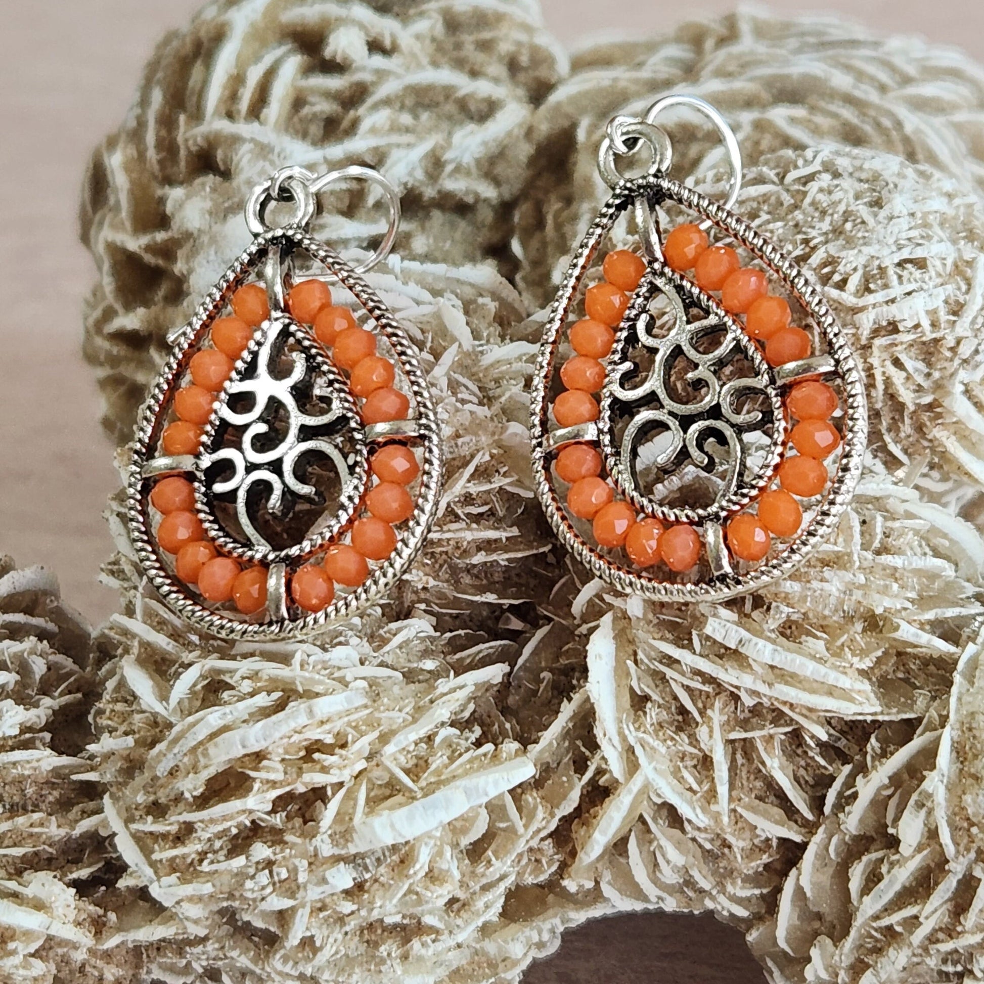 Beaded Teardrop Dangle Earrings - Silver Frame, Entwined Hearts