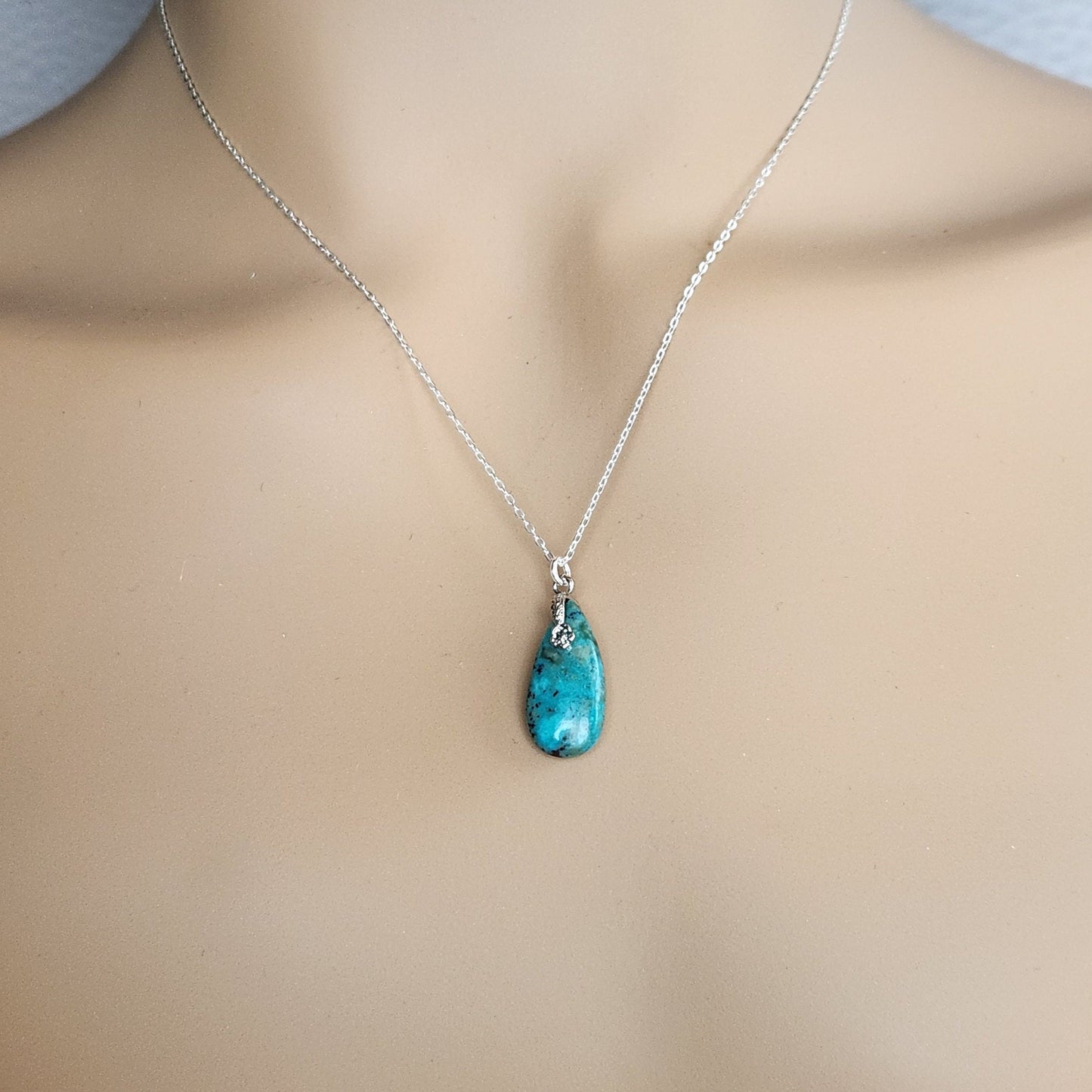 Turquoise Teardrop Pendant Necklace - Sterling Silver Chain, December Birthstone
