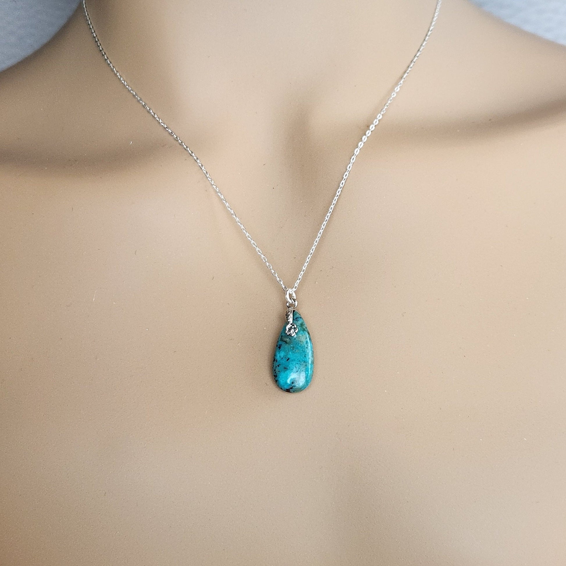 Turquoise Teardrop Pendant Necklace - Sterling Silver Chain, December Birthstone