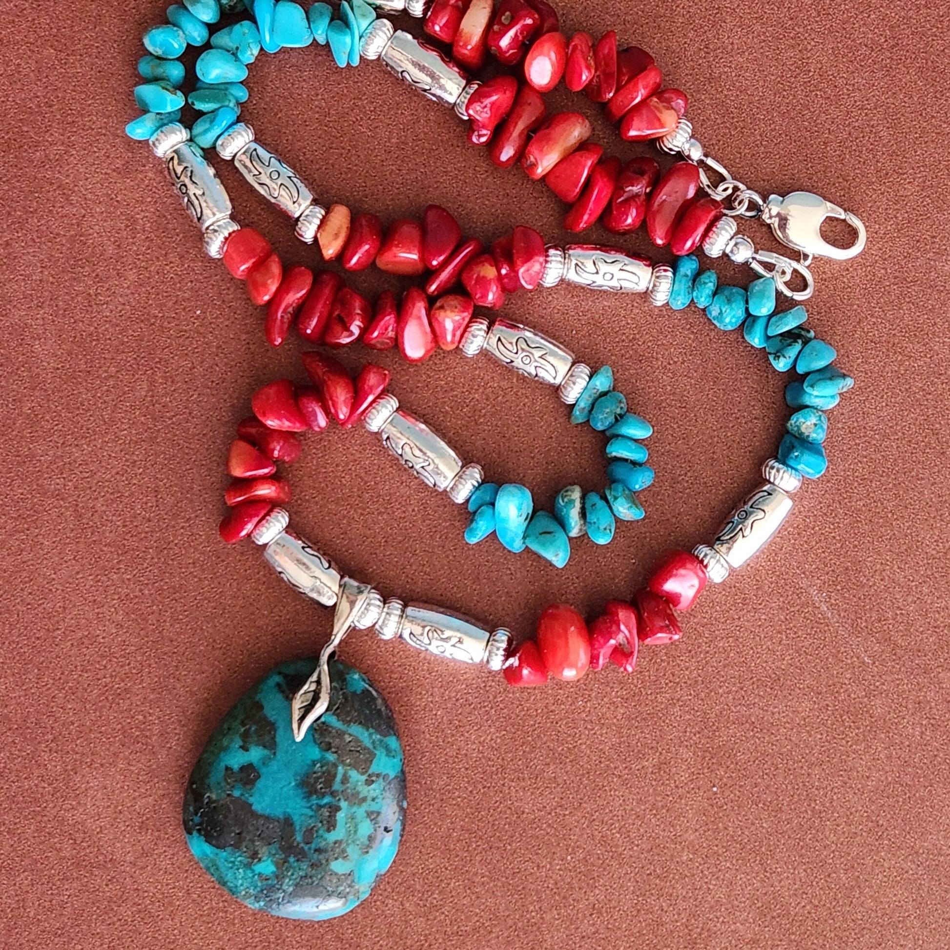 Turquoise Teardrop Pendant Necklace - Coral & Silver Accents, Southwestern Style