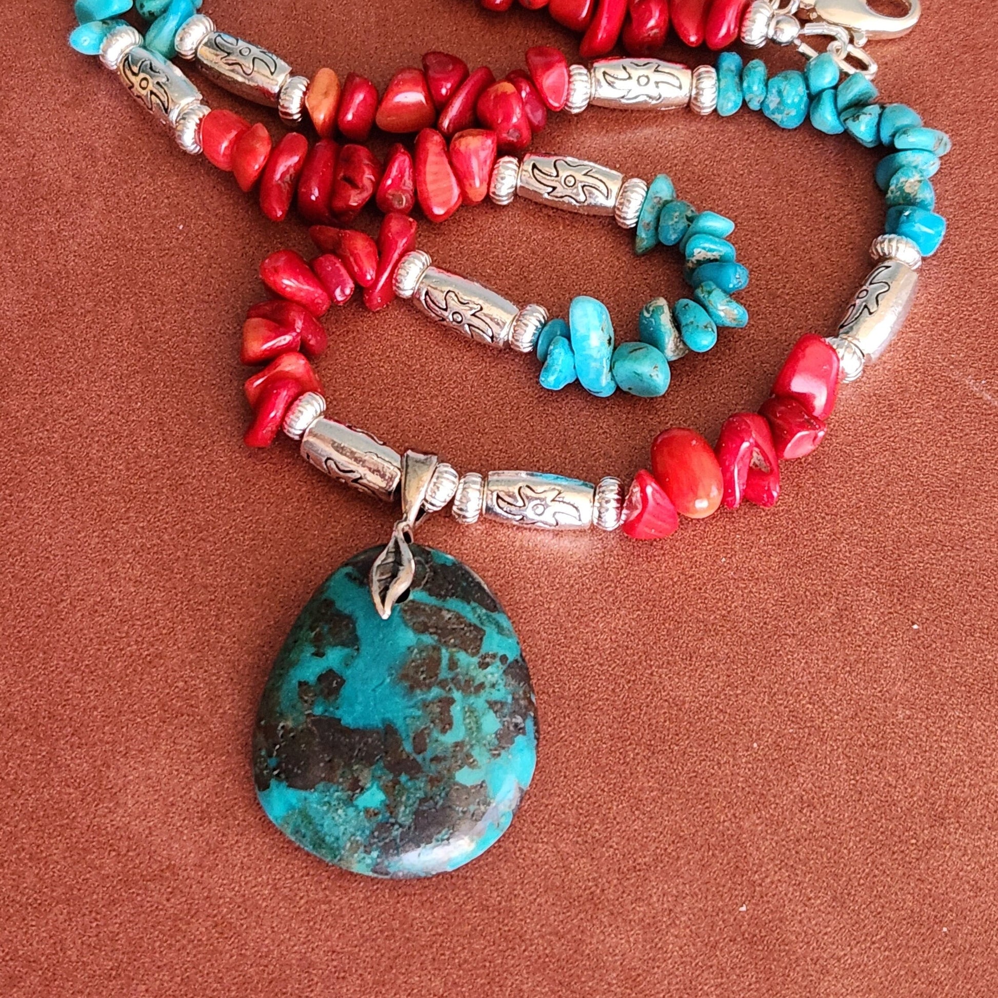 Turquoise Teardrop Pendant Necklace - Coral & Silver Accents, Southwestern Style