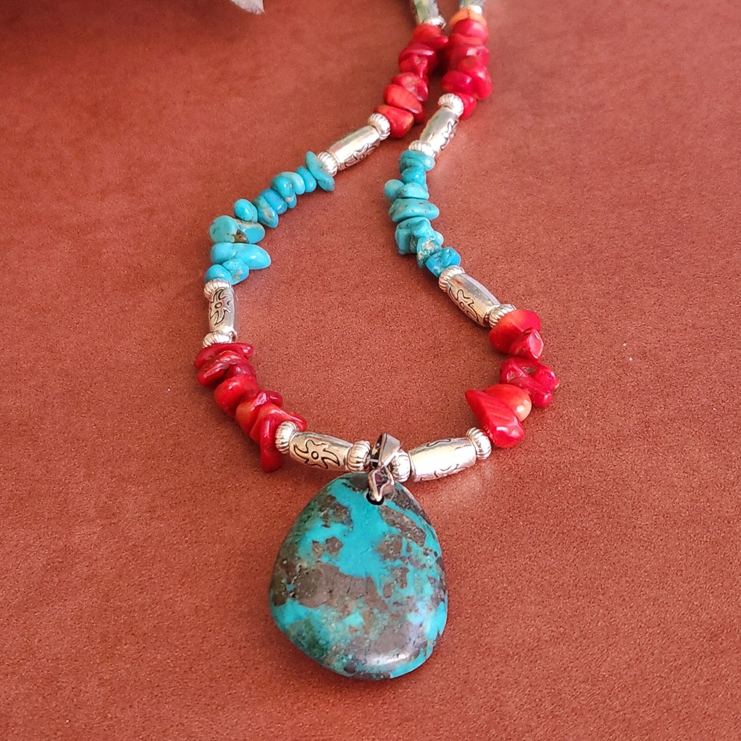 Turquoise Teardrop Pendant Necklace - Coral & Silver Accents, Southwestern Style