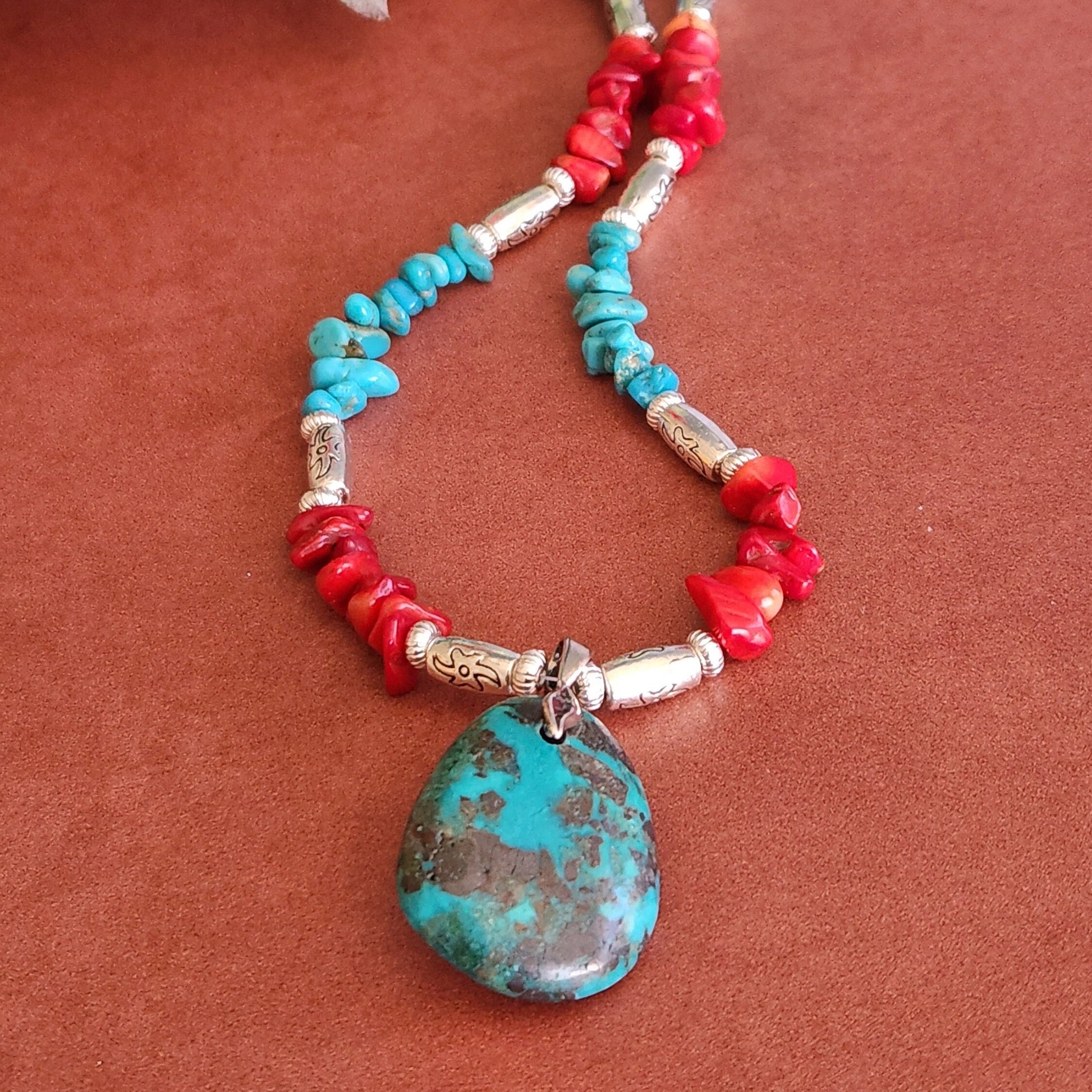 Turquoise Teardrop Pendant Necklace - Coral & Silver Accents, Southwestern Style