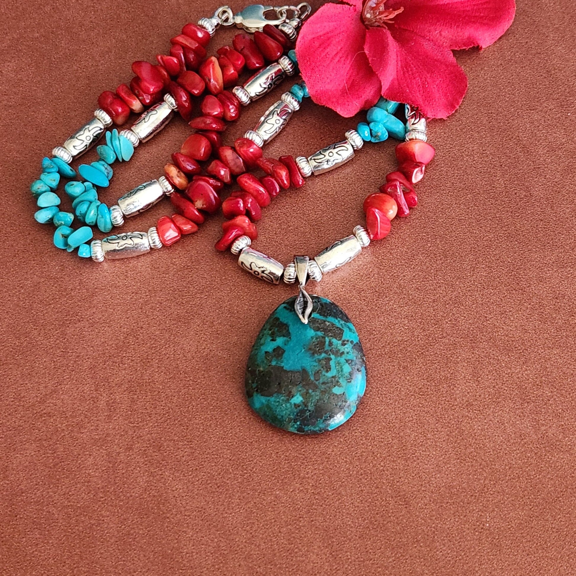 Turquoise Teardrop Pendant Necklace - Coral & Silver Accents, Southwestern Style