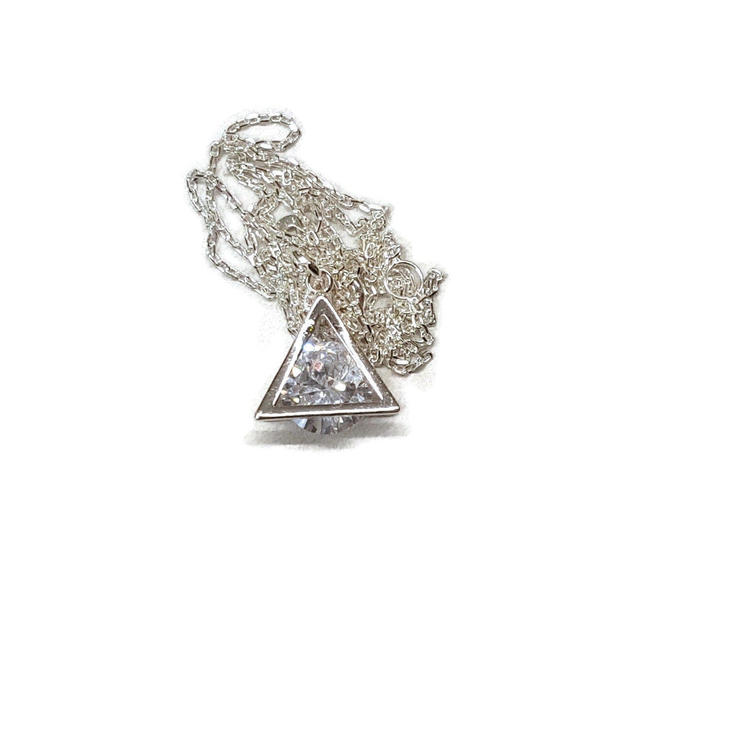 Sterling Silver CZ Pyramid Necklace - Dainty Cubic Zirconia Pendant