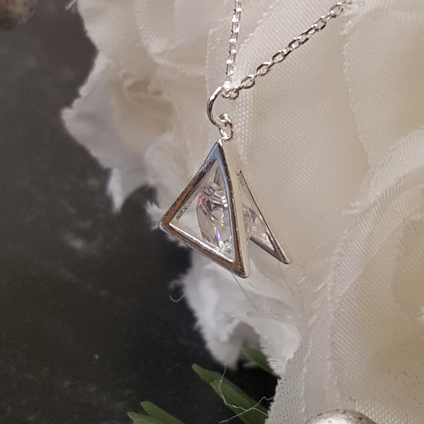 Sterling Silver CZ Pyramid Necklace - Dainty Cubic Zirconia Pendant