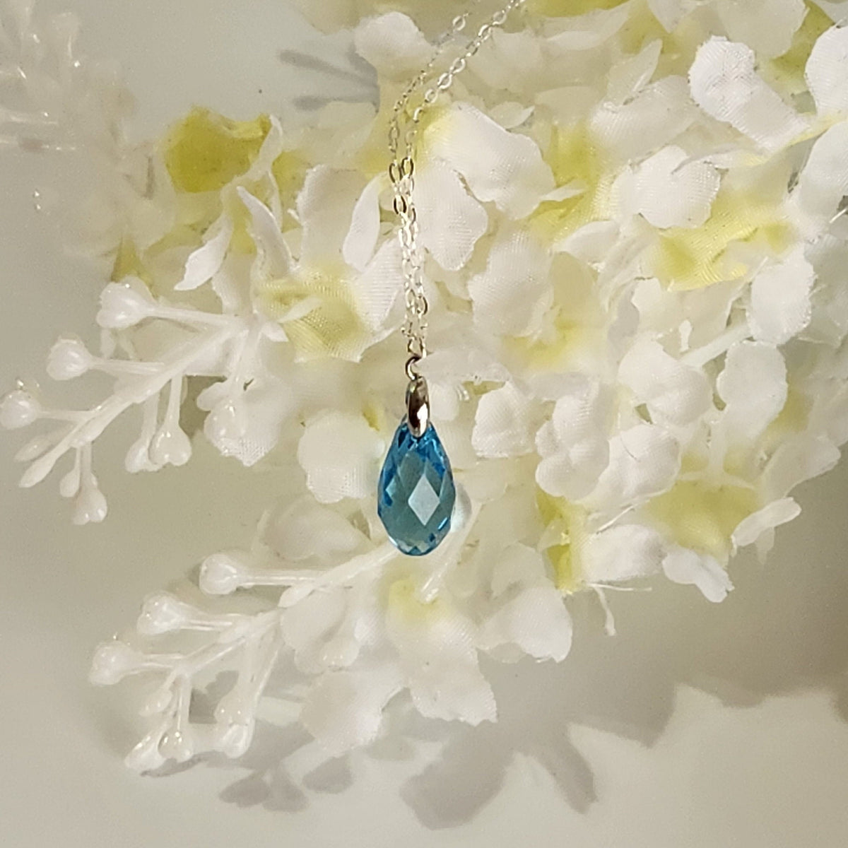 Aquamarine Crystal Necklace - Sterling Silver Briolette Pendant, March Birthstone