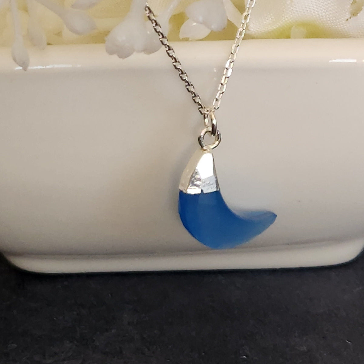 Blue Chalcedony Crescent Moon Necklace - Sterling Silver Celestial Pendant