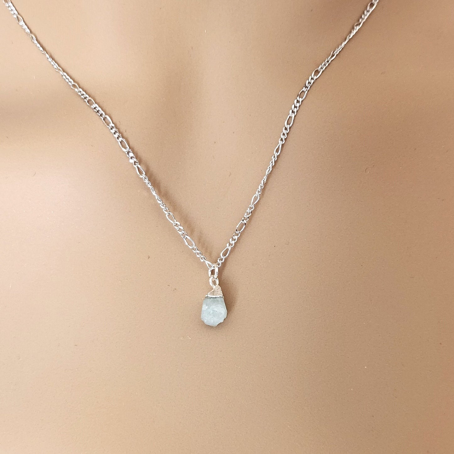 Raw Aquamarine Nugget Pendant - Sterling Silver March Birthstone Necklace