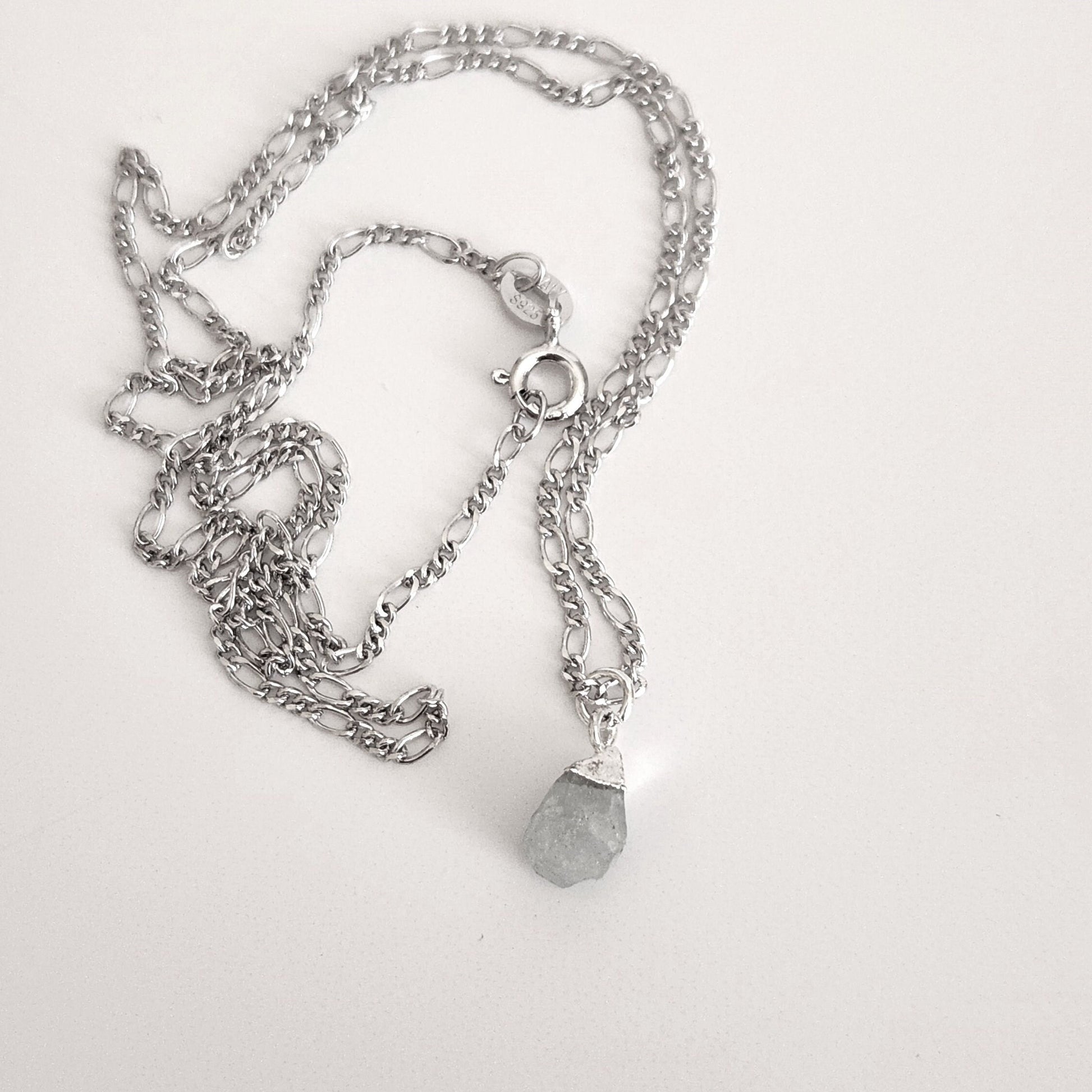 Raw Aquamarine Nugget Pendant - Sterling Silver March Birthstone Necklace