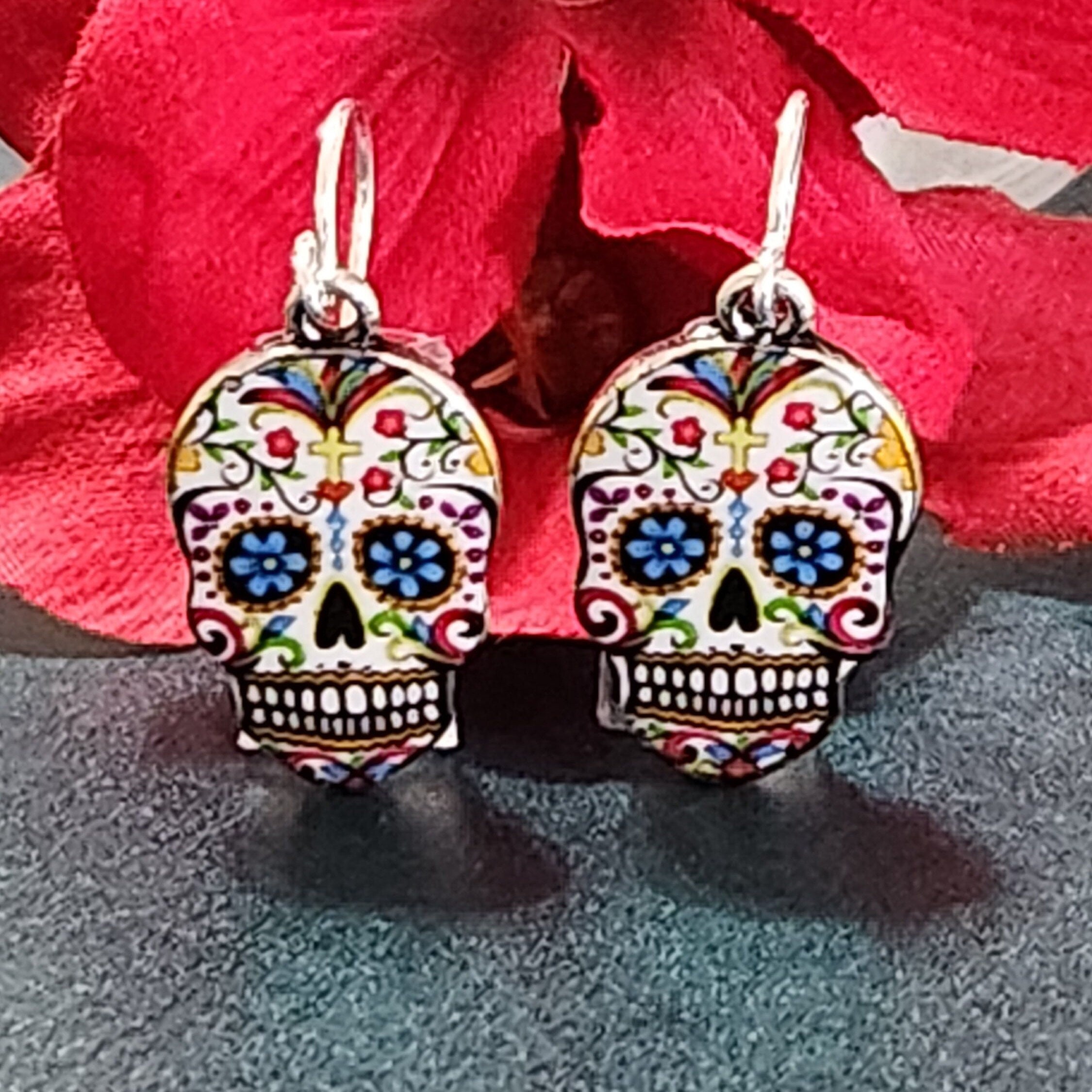 Pewter Sugar Skull Earrings, Floral Lampwork Earrings, Colorful Halloween store Skull Earrings, Day of Dead Jewelry, OOAK Bohemian Skull Earrings