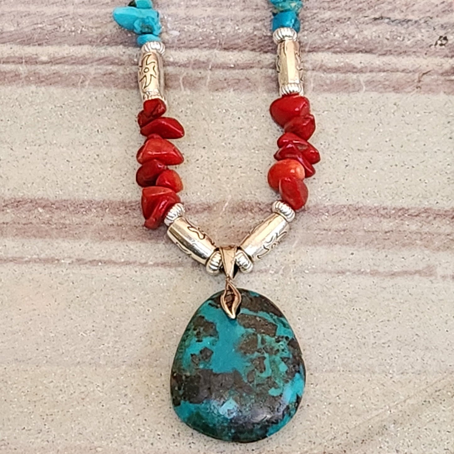 Turquoise Teardrop Pendant Necklace - Coral & Silver Accents, Southwestern Style