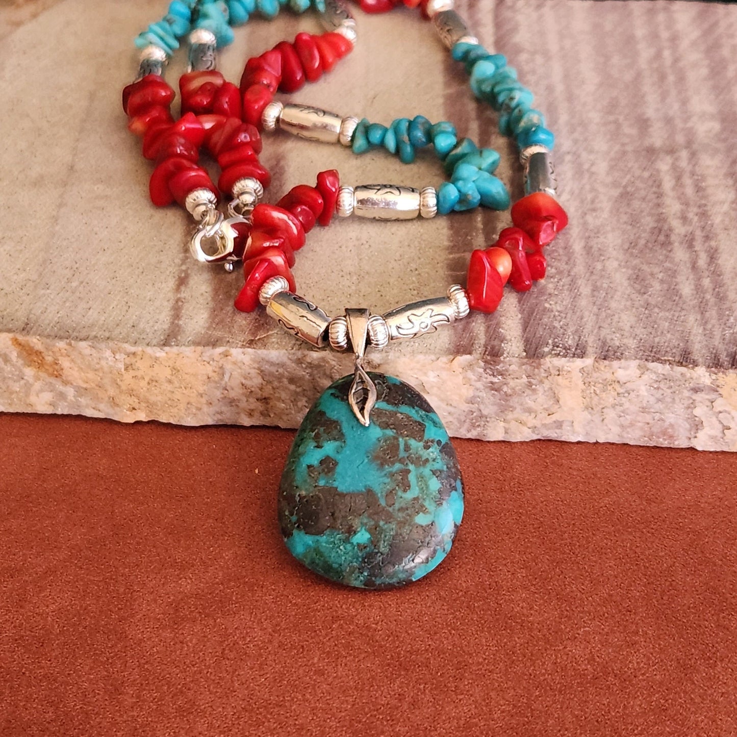Turquoise Teardrop Pendant Necklace - Coral & Silver Accents, Southwestern Style