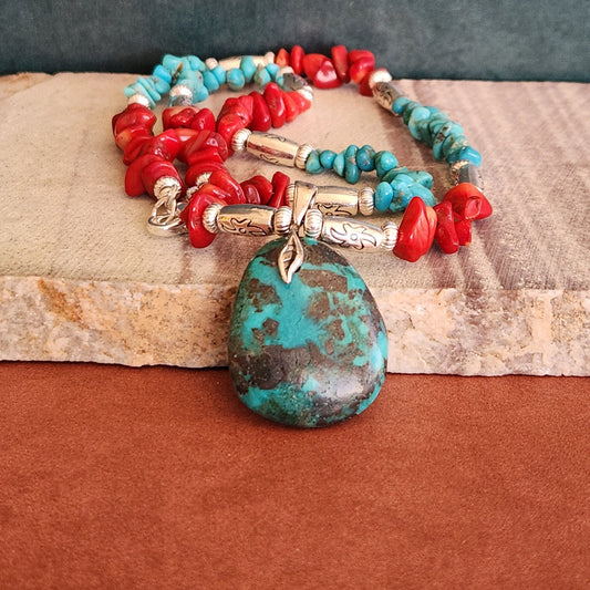 Turquoise Teardrop Pendant Necklace - Coral & Silver Accents, Southwestern Style