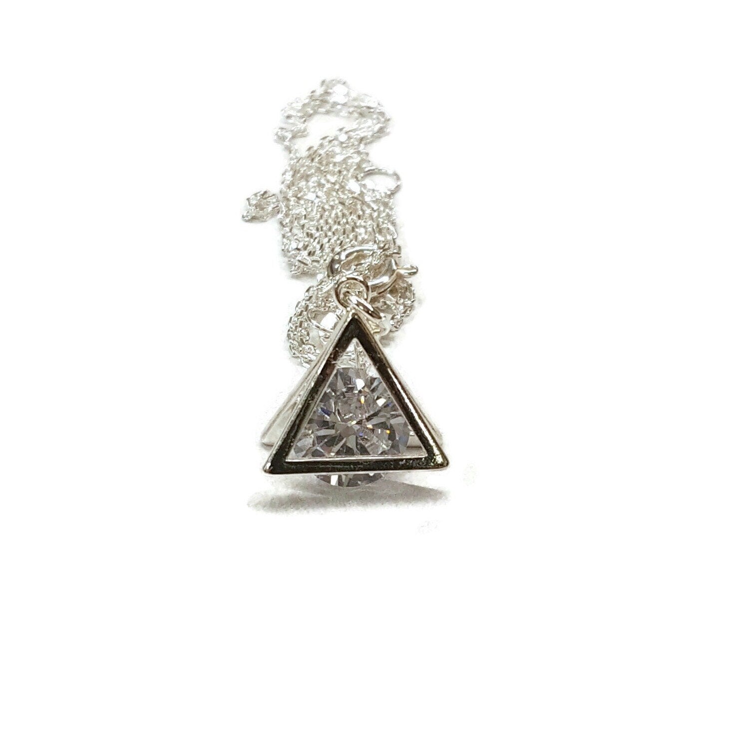 Sterling Silver CZ Pyramid Necklace - Dainty Cubic Zirconia Pendant