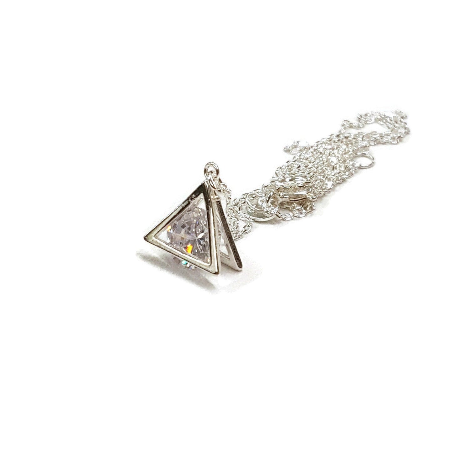 Sterling Silver CZ Pyramid Necklace - Dainty Cubic Zirconia Pendant
