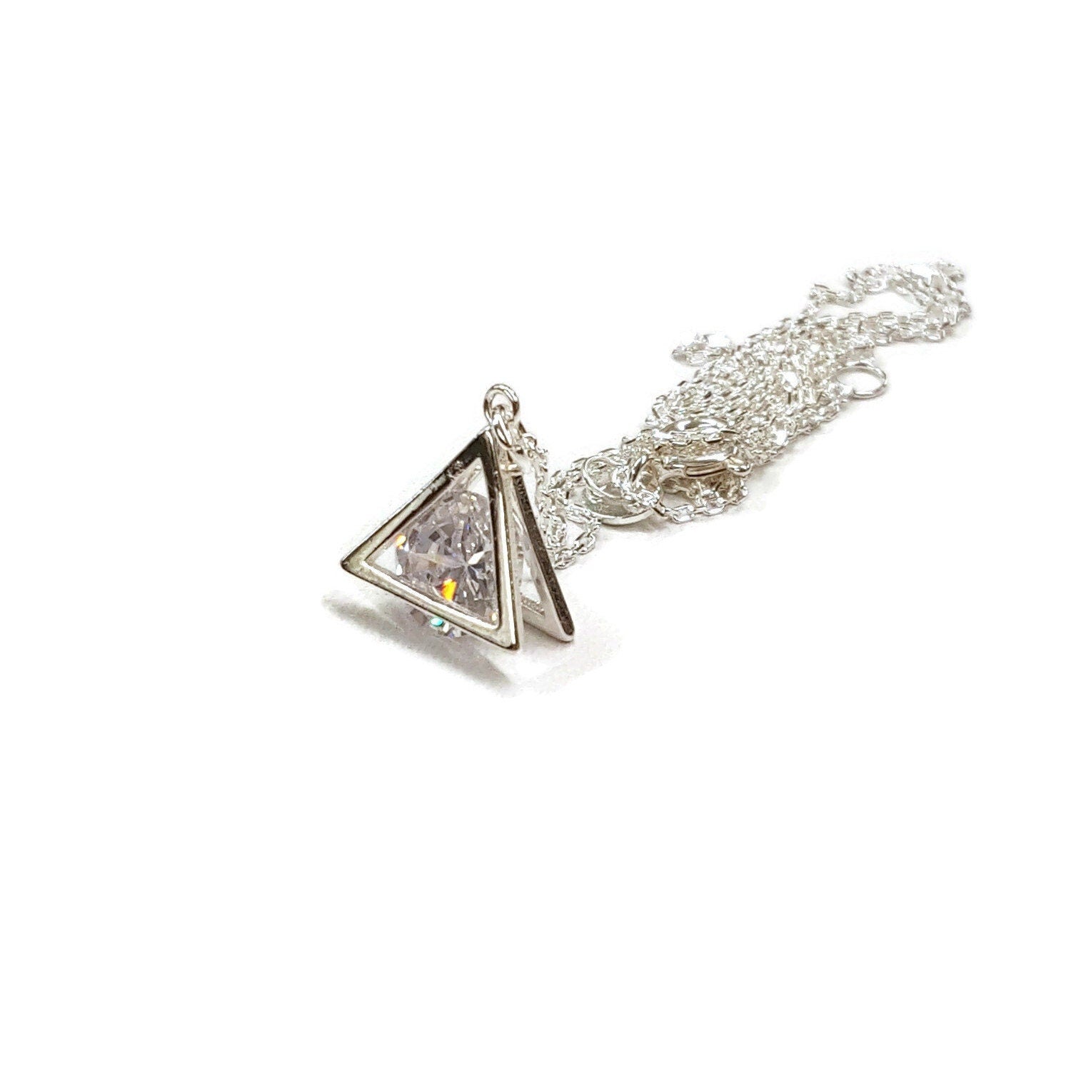 Sterling Silver CZ Pyramid Necklace - Dainty Cubic Zirconia Pendant