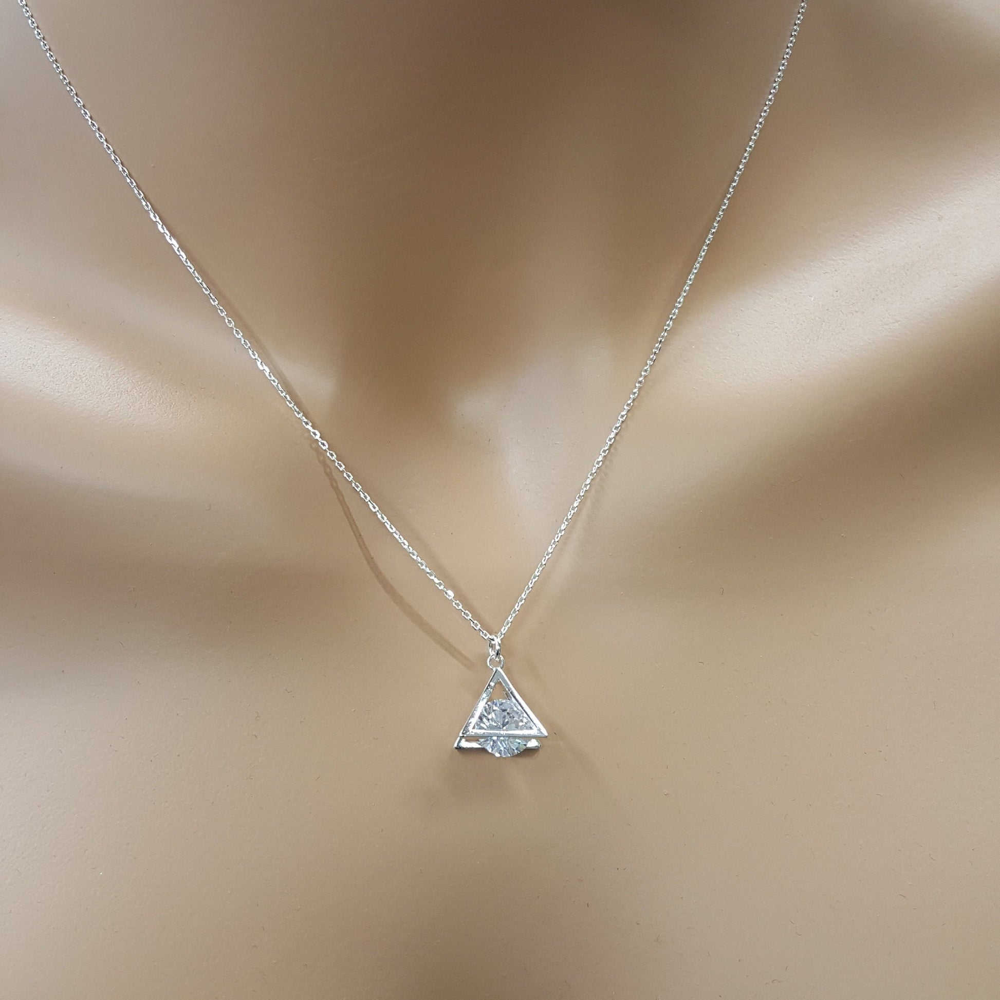 Sterling Silver CZ Pyramid Necklace - Dainty Cubic Zirconia Pendant