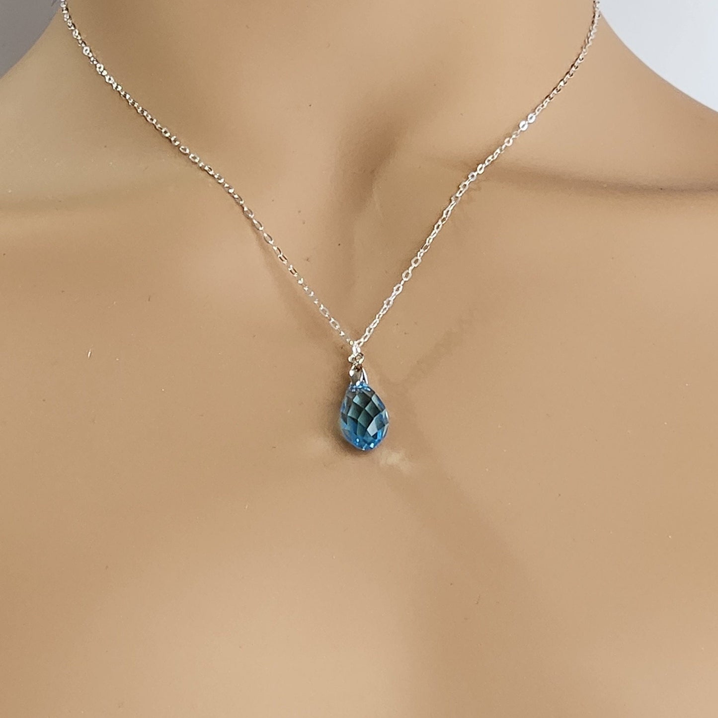 Aquamarine Crystal Necklace - Sterling Silver Briolette Pendant, March Birthstone