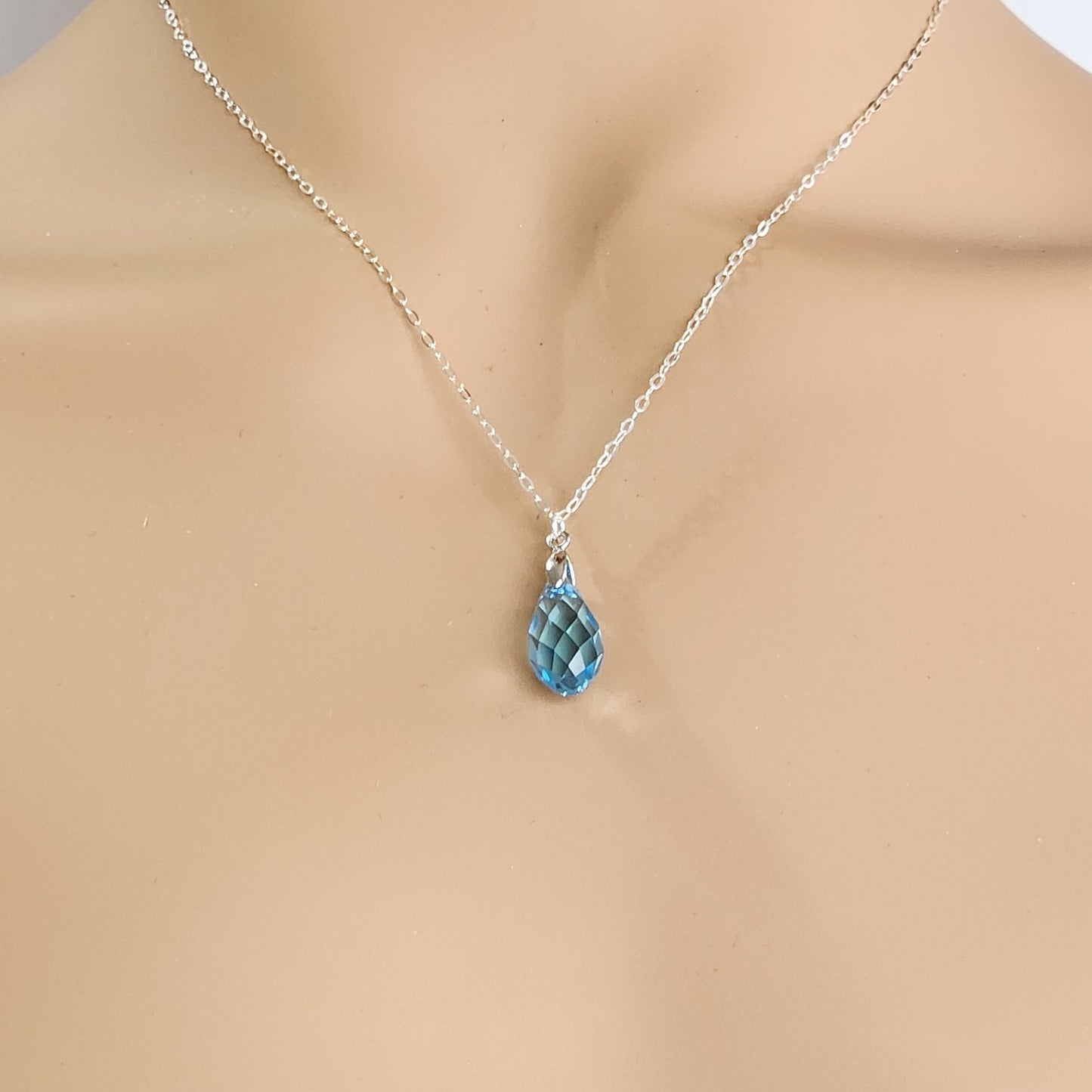 Aquamarine Crystal Necklace - Sterling Silver Briolette Pendant, March Birthstone