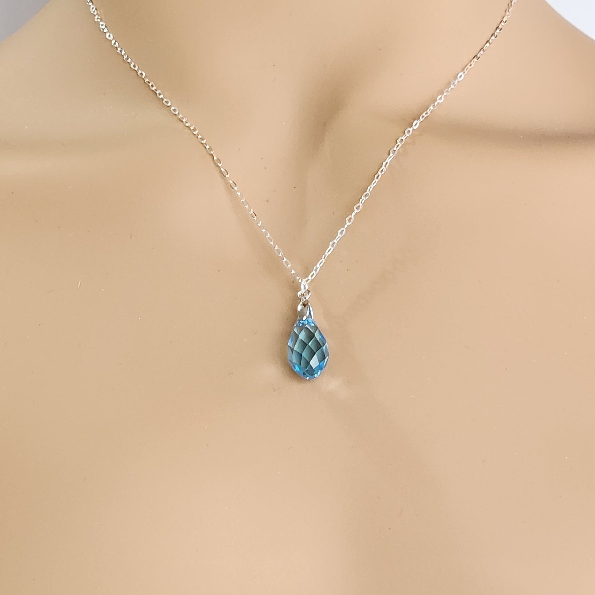 Aquamarine Crystal Necklace - Sterling Silver Briolette Pendant, March Birthstone