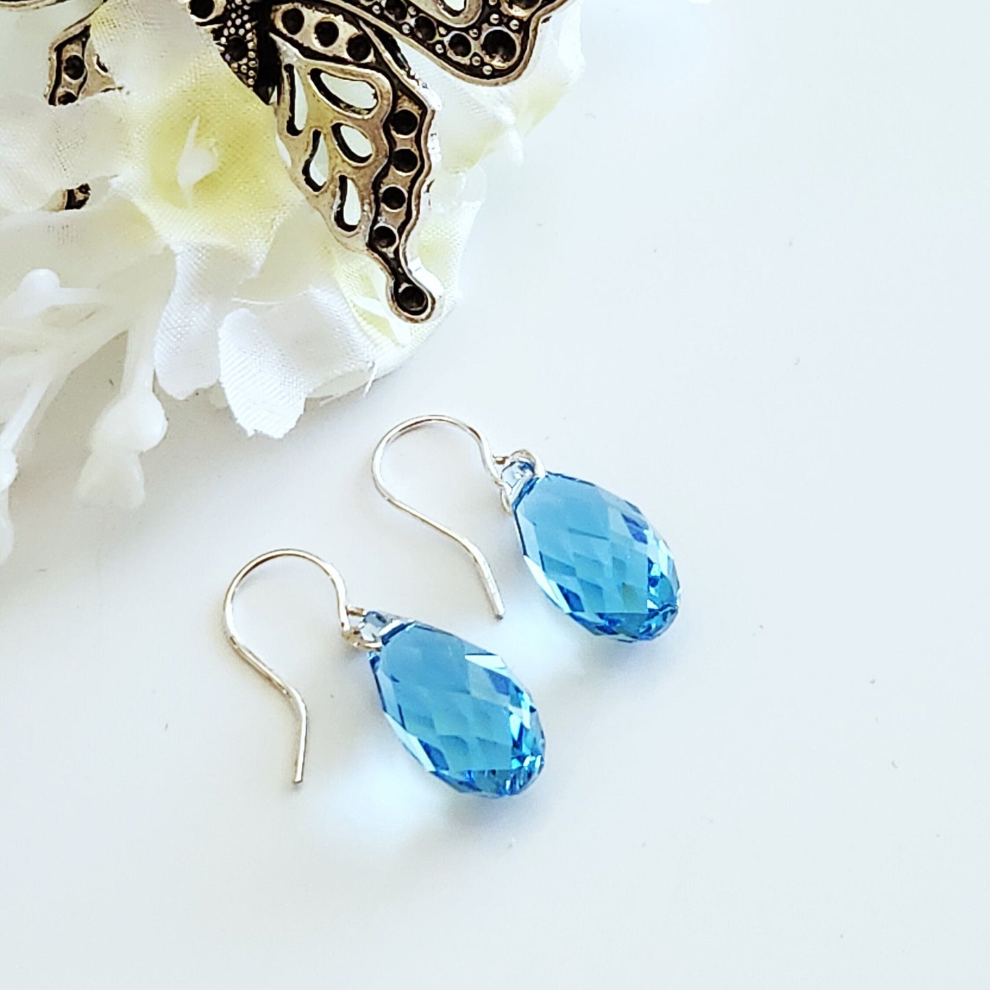 Crystal Drop Earrings, Aquamarine Crystals, Mothers Day, March Birthday, Gift For Her, Dainty Earrings, Bridal Earrings, Birthstone Earrings