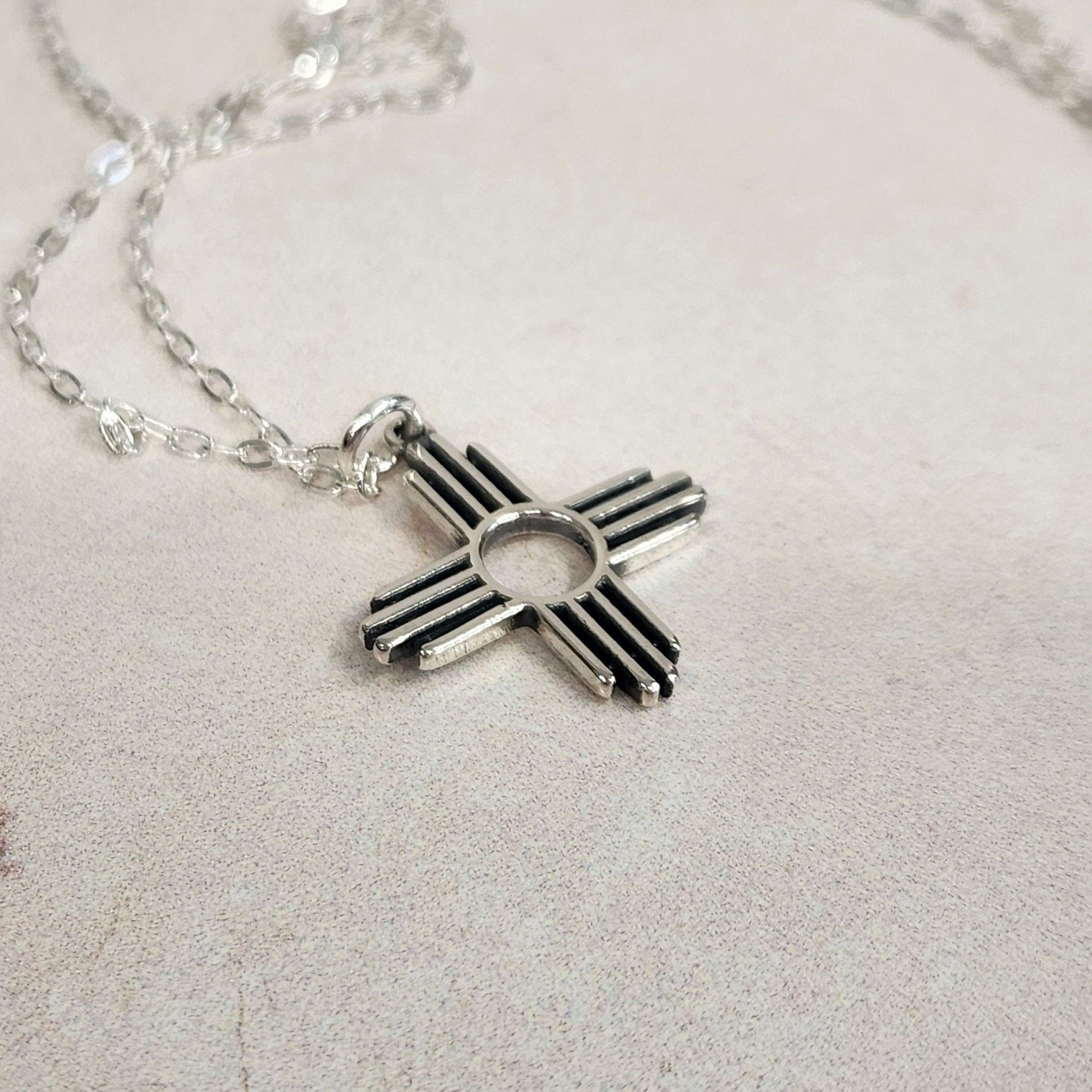 Sterling Silver Zia Sun Pendant Necklace - Southwest Pueblo Design Jewelry