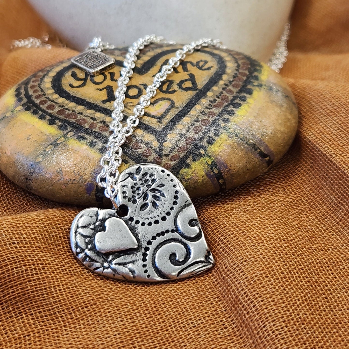 Heart Pendant Necklace, Silver Heart, Long Pendant Necklace, Birthday Gift, Gift For Her, Rustic Heart Necklace, Flowers & Hearts, Handmade