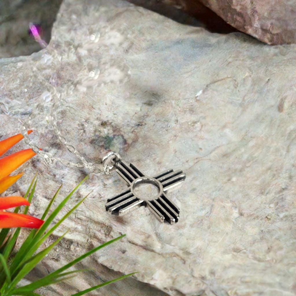 Sterling Silver Zia Sun Pendant Necklace - Southwest Pueblo Design Jewelry