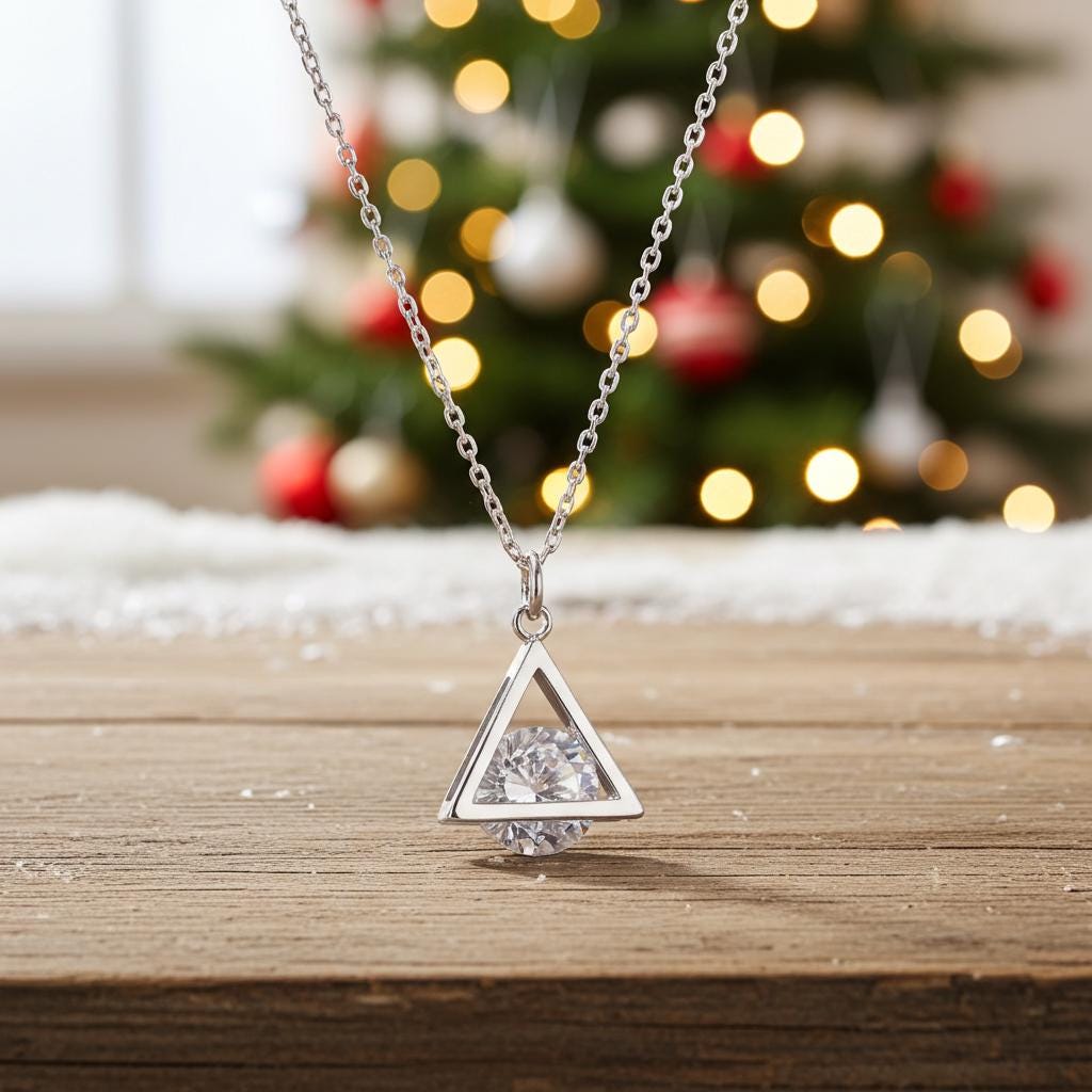Sterling Silver CZ Pyramid Necklace - Dainty Cubic Zirconia Pendant