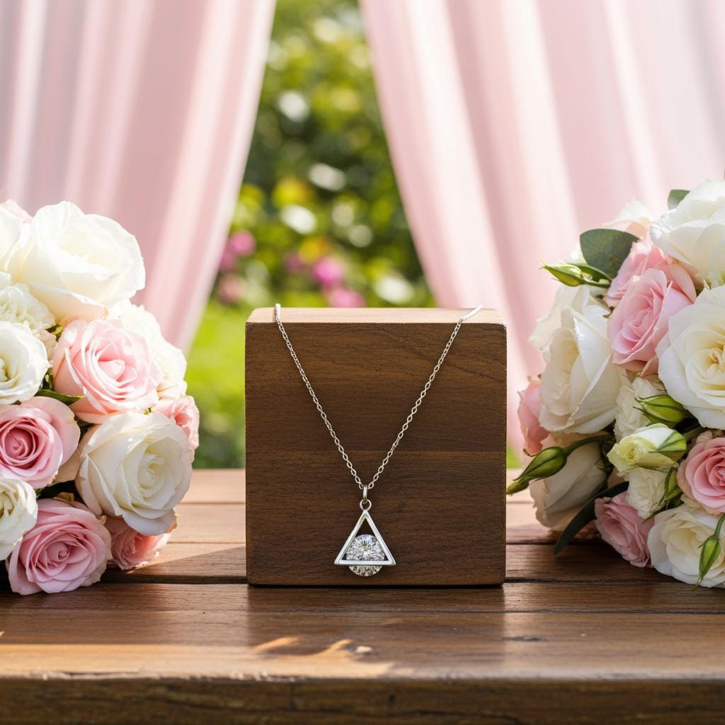 Sterling Silver CZ Pyramid Necklace - Dainty Cubic Zirconia Pendant