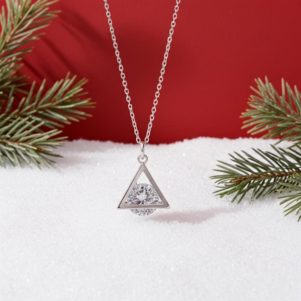 Sterling Silver CZ Pyramid Necklace - Dainty Cubic Zirconia Pendant