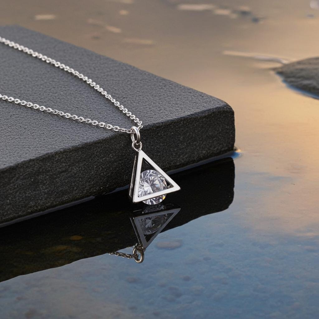 Sterling Silver CZ Pyramid Necklace - Dainty Cubic Zirconia Pendant